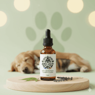 Flacon d'huile CBD Spectre Complet 100mg Arom'a Louin, base Huile de Saumon, pour l'équilibre et le confort articulaire du chien et du chat.