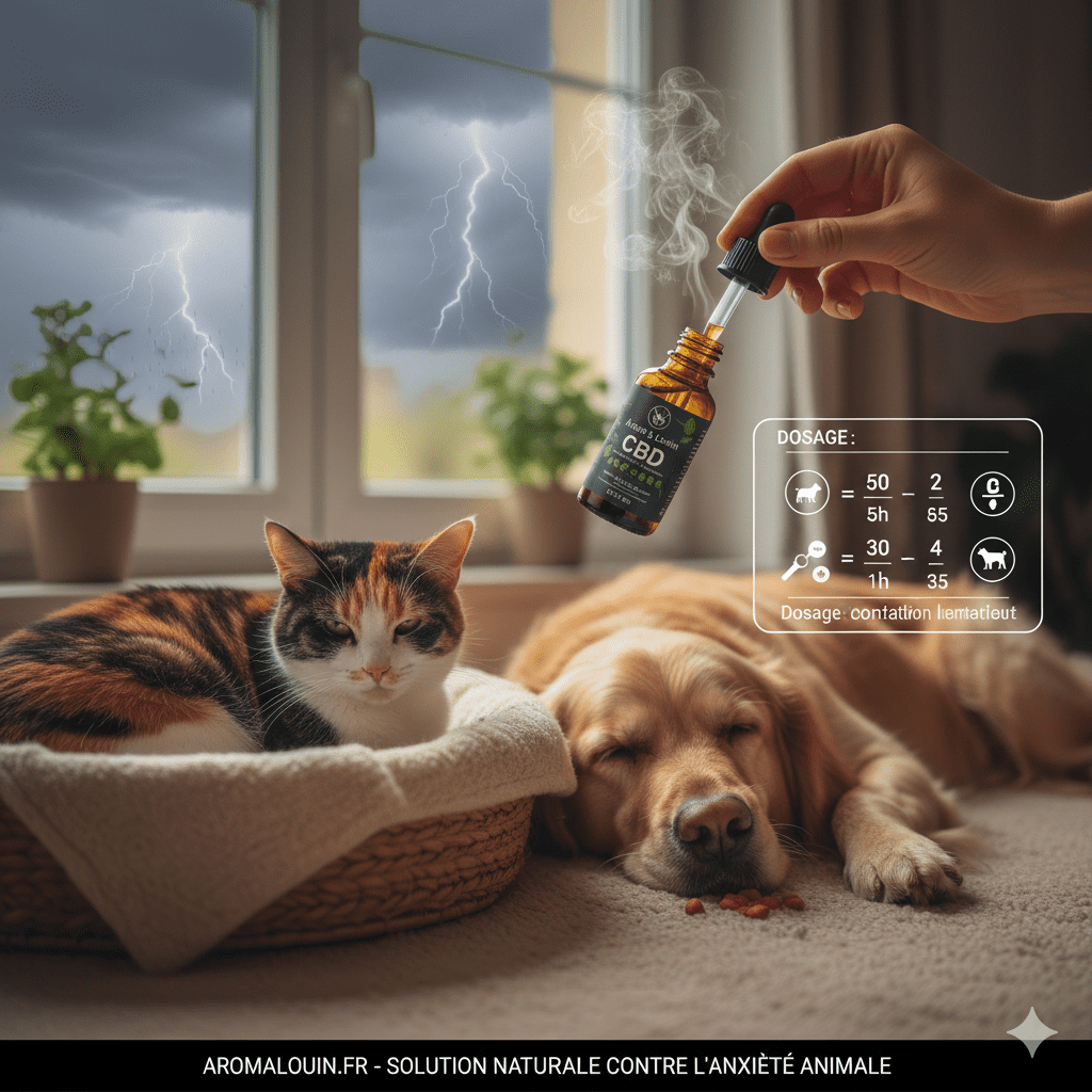 Chien et chat apaisés, main administrant du CBD pendant un orage, symbolisant le soulagement de l'anxiété et du stress chez l'animal.